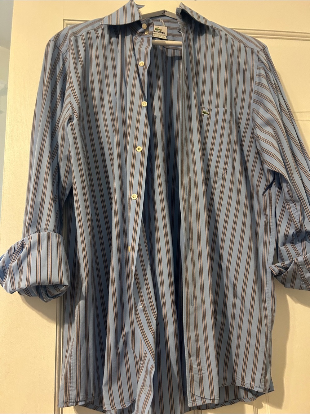 Lacoste Light Blue and Brown Striped Button-Down Shirt
